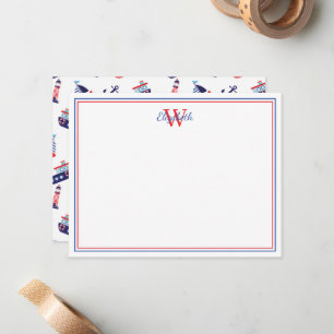 Preppy Nautical Sailboats Monogram Note Card