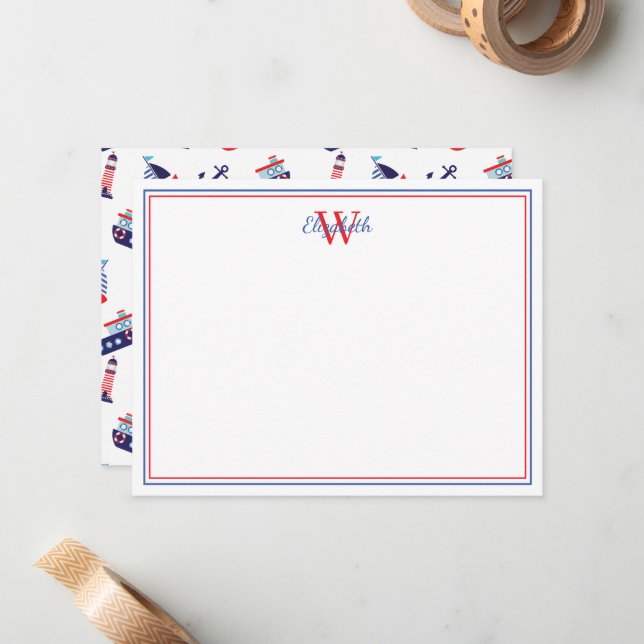 Preppy Nautical Sailboats Monogram Note Card (Front/Back In Situ)
