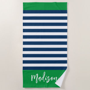 Preppy Nautical Stripe Navy Green Calligraphy Beach Towel