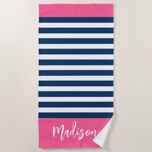 Preppy Nautical Stripe Navy Pink Calligraphy Beach Towel
