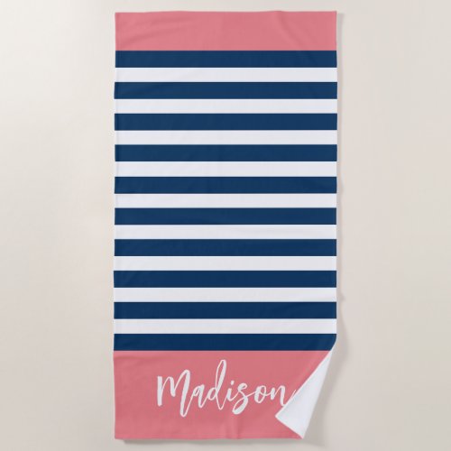 Preppy Nautical Stripe Navy Pink Calligraphy Beach Towel