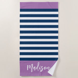 Preppy Nautical Stripe Navy Purple Calligraphy Beach Towel