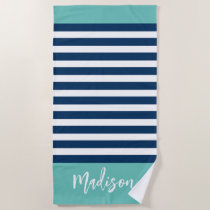 Preppy Nautical Stripe Navy Turquoise Calligraphy Beach Towel