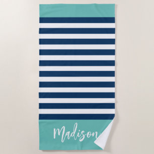 Preppy Nautical Stripe Navy Turquoise Calligraphy Beach Towel
