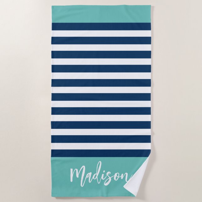Preppy Nautical Stripe Navy Turquoise Calligraphy Beach Towel (Front)