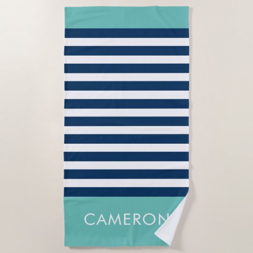 Preppy Nautical Stripe Navy Turquoise Name Beach Towel