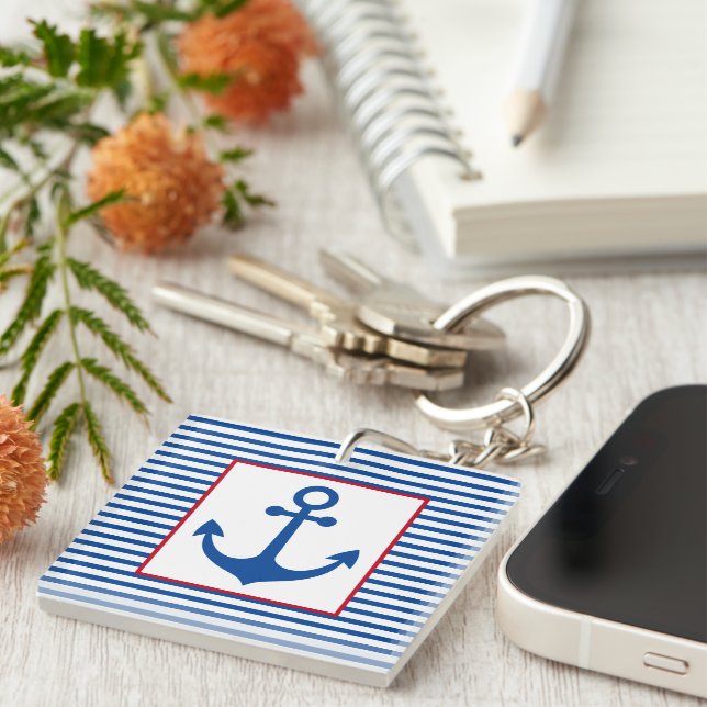 Preppy Nautical Stripes and Anchor Personalized Keychain (Front Right)