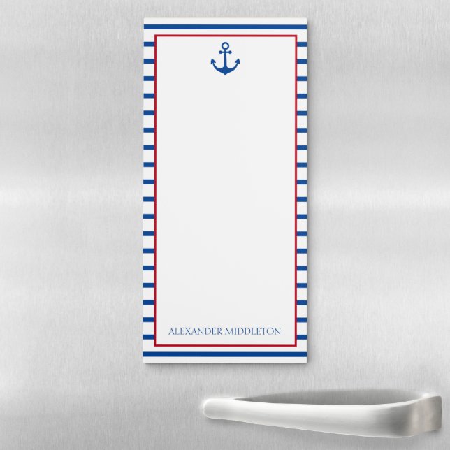 Preppy Nautical Stripes and Anchor Personalized Magnetic Notepad (In Situ)