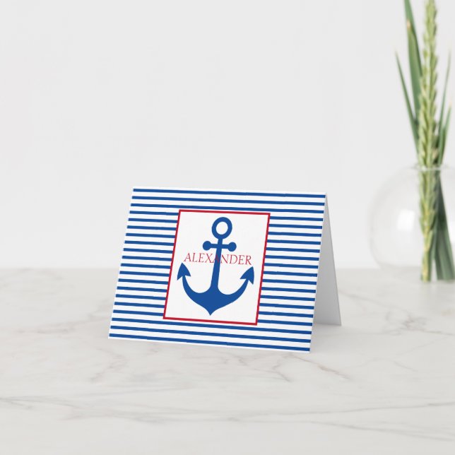 Preppy Nautical Stripes and Anchor Personalized Note Card (Front)