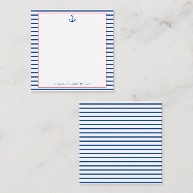 Preppy Nautical Stripes and Anchor Personalized Note Card (Front/Back)