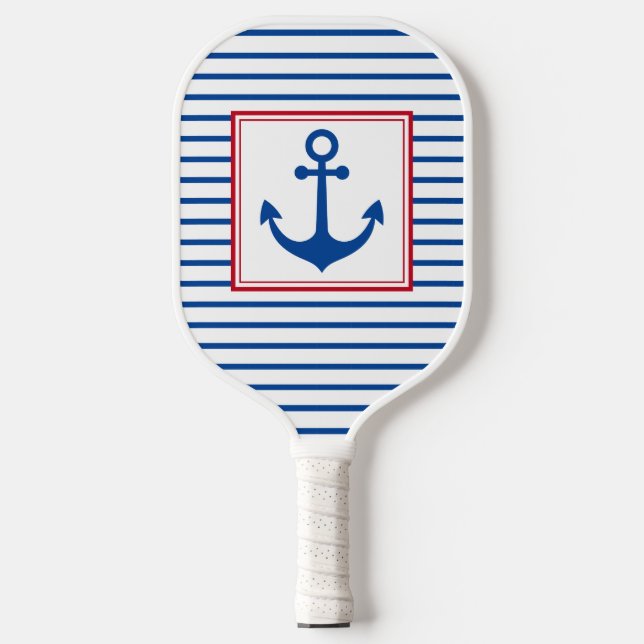 Preppy Nautical Stripes and Anchor Personalized Pickleball Paddle (Front)
