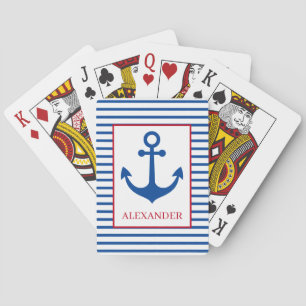Preppy Nautical Stripes and Anchor Personalized Poker Cards
