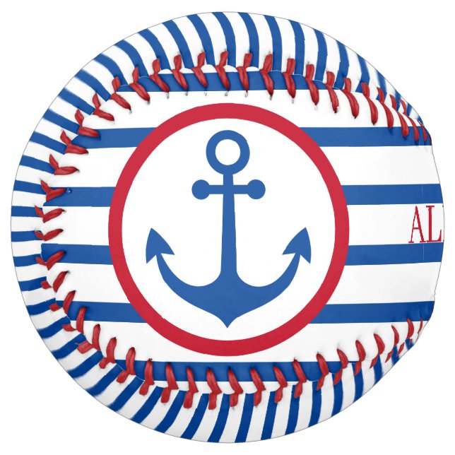 Preppy Nautical Stripes and Anchor Personalized Softball (Front Left)