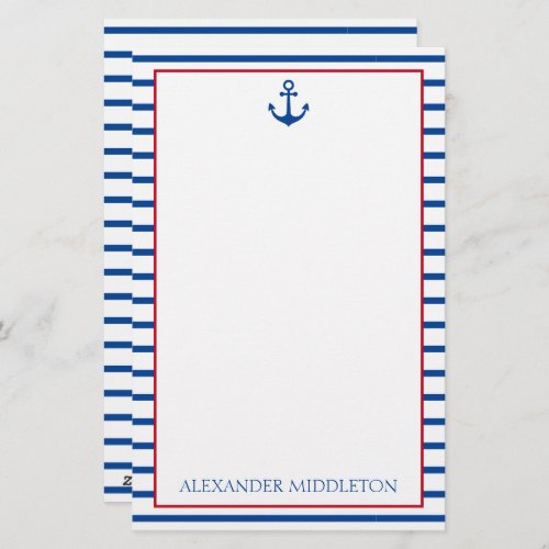 Preppy Nautical Stripes and Anchor Personalized Stationery