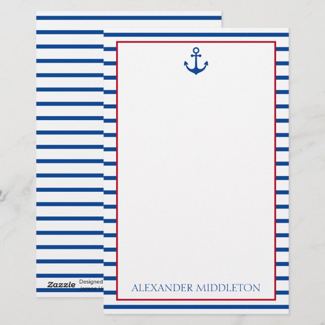 Preppy Nautical Stripes and Anchor Personalized Stationery (Front/Back)