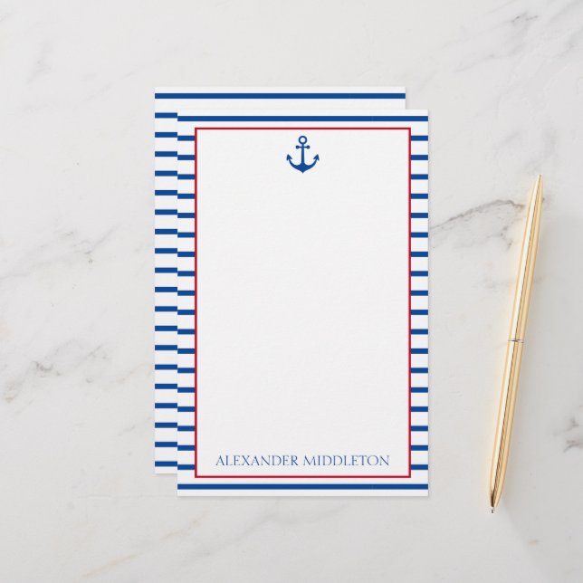Preppy Nautical Stripes and Anchor Personalized Stationery (Front/Back In Situ)