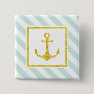 Preppy Nautical Stripes Gold Faux Glitter Anchor Pinback Button