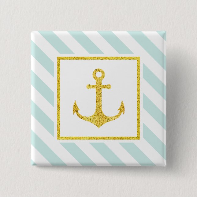 Preppy Nautical Stripes Gold Faux Glitter Anchor Pinback Button (Front)