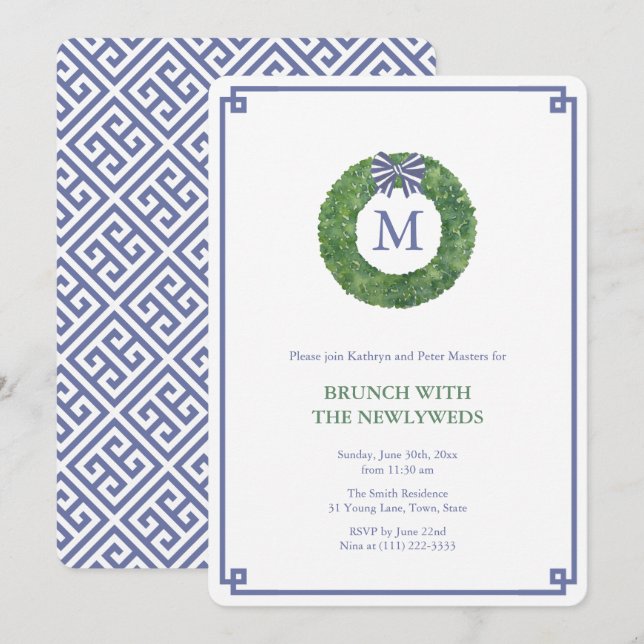 Preppy Navy And Green Newlyweds Brunch Party Invitation (Front/Back)