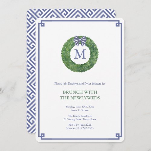 Preppy Navy And Green Newlyweds Brunch Party Invitation