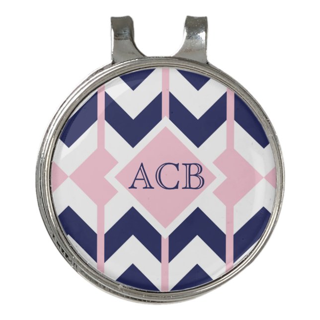 Preppy  Navy and Pink Chevron Ladies Monogram Golf Hat Clip (Front)