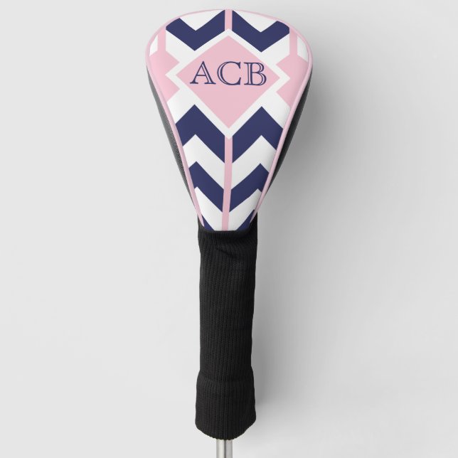 Preppy  Navy and Pink Chevron Ladies Monogram Golf Head Cover (Front)