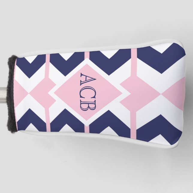 Preppy  Navy and Pink Chevron Ladies Monogram Golf Head Cover (Front)