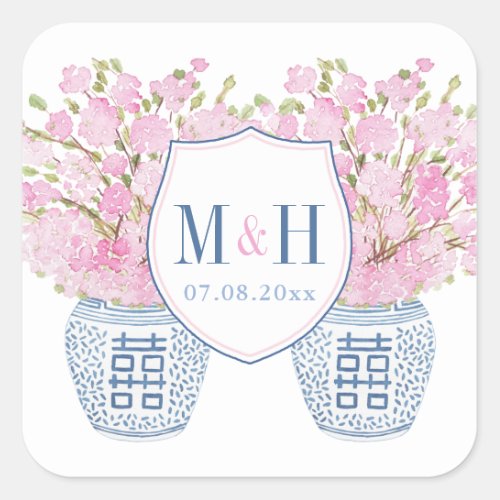 Preppy Navy And Pink Initials And Wedding Date Square Sticker - This classic design features a simple and elegant couples crest monogram with a ginger jar vase filled with cherry blossom stems (Sakura) on each side. These watercolor elements all handpainted by me in watercolors onto 100% cotton paper and scanned into digital form. The shield is by other artist.