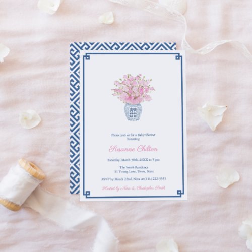 Preppy Navy And Pink Little Girl Baby Shower Party Invitation