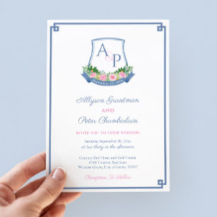 Preppy Navy and Pink Monogram Crest Wedding Invitation
