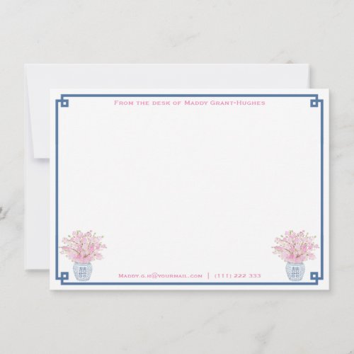 Preppy Navy And Pink Personalized Stationery Flat Note Card - Classic personalized note card design with handpainted watercolor pink cherry blossom stems in a ginger jar vase with blue and white "Greek Key" pattern backer. On the front you can change the border color and on the back, you can change the dark blue to any other color you want by entering the design tool ("click to customize further" underneath the text customization boxes).