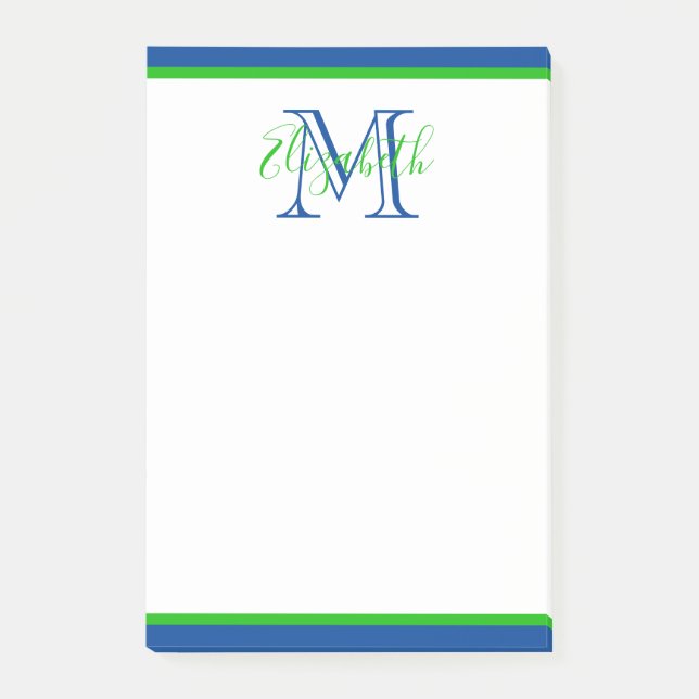 Preppy Navy Blue and Green Monogram Post-it Notes (Front)