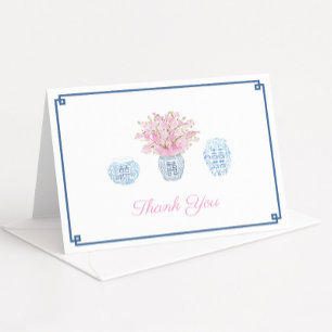 Preppy Navy Blue And Pink Ginger Jars Baby Shower Letterpress Thank You Card