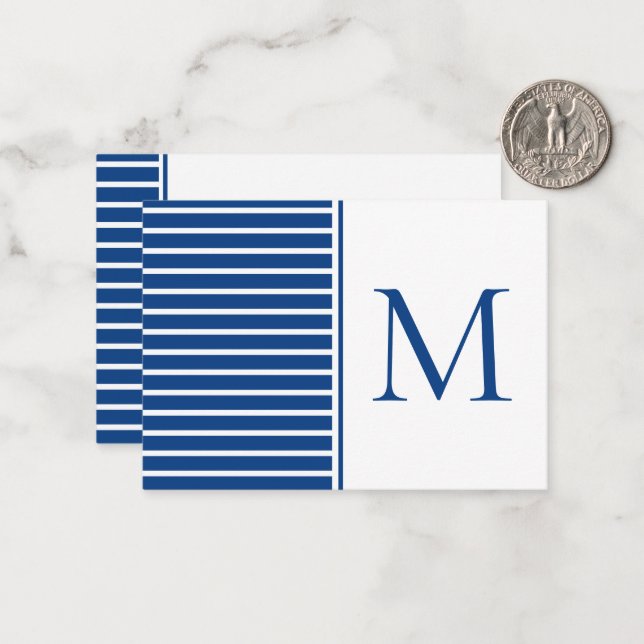 Preppy Navy Blue and White Stripe Monogram Note Card (Front/Back In Situ)
