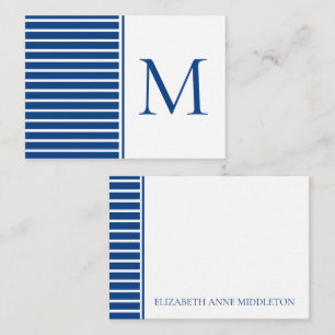 Preppy Navy Blue and White Stripe Monogram Note Card