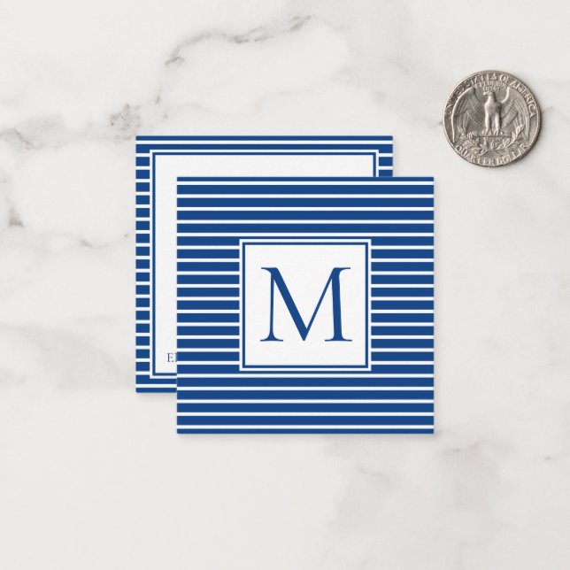 Preppy Navy Blue and White Stripe Monogram Note Card (Front/Back In Situ)
