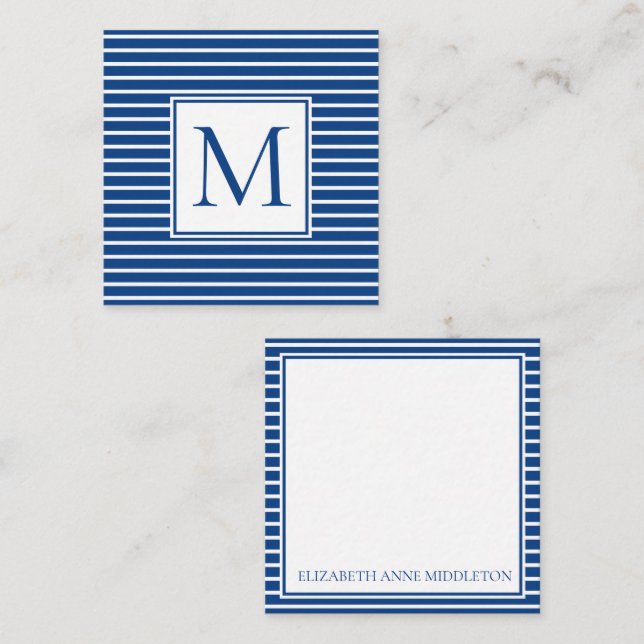 Preppy Navy Blue and White Stripe Monogram Note Card (Front/Back)