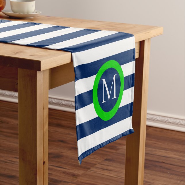 Preppy Navy Blue and White Stripe Monogram Short Table Runner (In Situ)