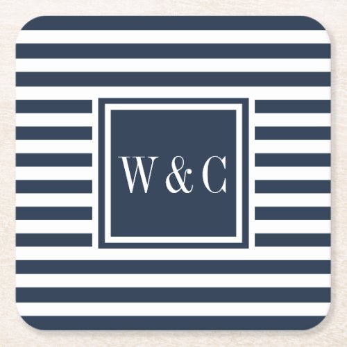 Preppy Navy Blue and White Stripe Monogram Square Paper Coaster