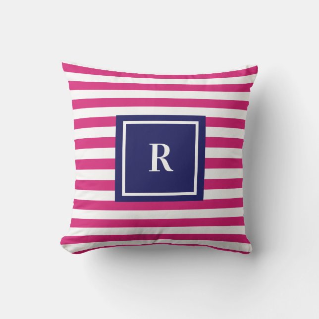 Preppy Navy Blue & Hot Pink Monogram Throw Pillow (Front)