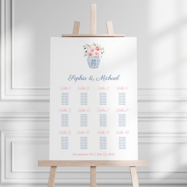 Preppy Navy Blue Pink Floral Wedding Seating Chart Foam Board (Pretty 12 tables wedding or baby shower seating chart featuring ginger jar filled with pink flowers)