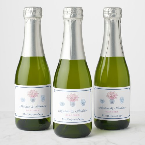Preppy Navy Blue & Pink Wedding Welcome Or Favor Champagne Label - Classic navy blue and blush pink design featuring handpainted ginger jar pottery and cherry blossom stems. This is complemented by a "Greek Key" border. I've set the template up for it to form part of a wedding welcome bag or favor but all of the text fields are customizable to your needs.  You can move, delete or add text fields by entering the design tool. You can also change the contrast color of the Greek Key border  (shown here as a dark blue) to any color you like by entering the design tool (underneath the text customization area, click to "customize further") then changing the background color.