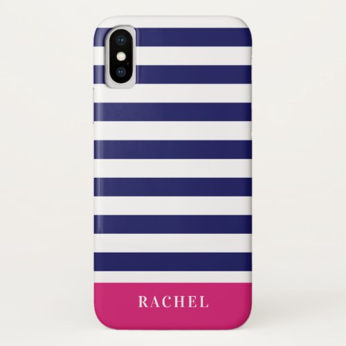 Preppy Navy Blue Stripes  Hot Pink Monogram iPhone X Case