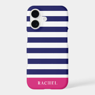 Preppy Navy Blue Stripes & Hot Pink Monogram iPhone 17 Case