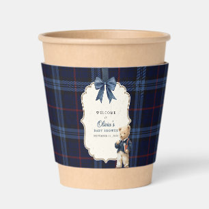 Preppy Navy Blue Tartan Teddy Bear Boy Baby Shower Coffee Cup Sleeve