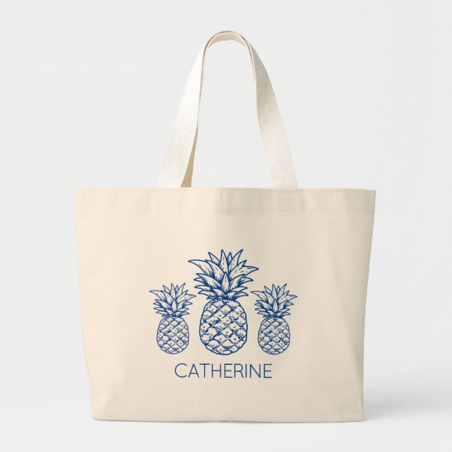 Preppy Navy Blue Tropical Pineapple Personalized Large Tote Bag (Front)
