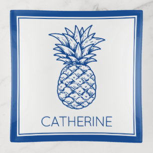 Preppy Navy Blue Tropical Pineapple Personalized Trinket Tray