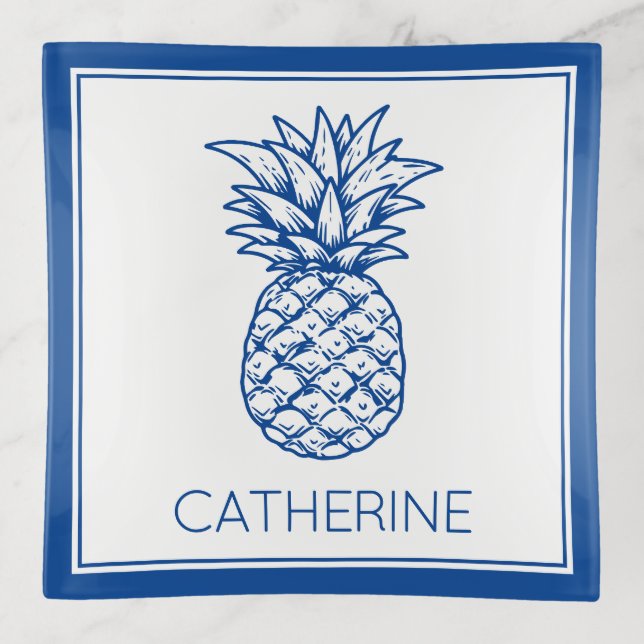 Preppy Navy Blue Tropical Pineapple Personalized Trinket Tray (Front)
