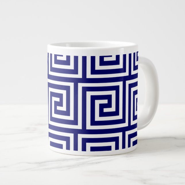 Preppy Navy Blue White Greek Key Pattern Large Coffee Mug (Front Right)