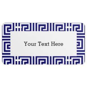 Preppy Navy Blue White Greek Key Pattern License Plate